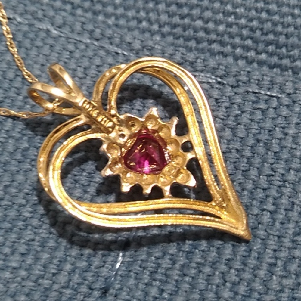 10kt Yellow Gold Diamond Ruby Heart Pendant W Original 10kt Gold Chain 20" - Picture 10 of 11